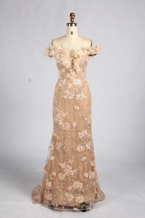 Champagne off-the-shoulder floral lace mermaid gown with feather trim