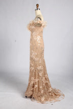 Champagne Off-the-Shoulder Feather Trim Floral Lace Mermaid MOB Dress KY078