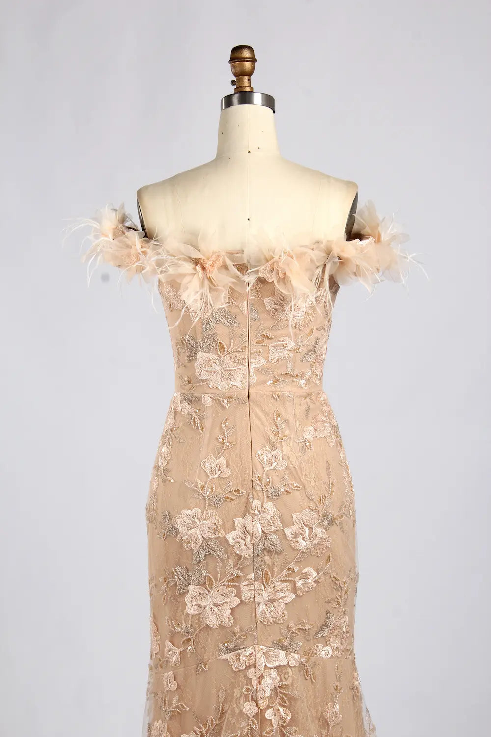 Champagne Off-the-Shoulder Feather Trim Floral Lace Mermaid MOB Dress KY078