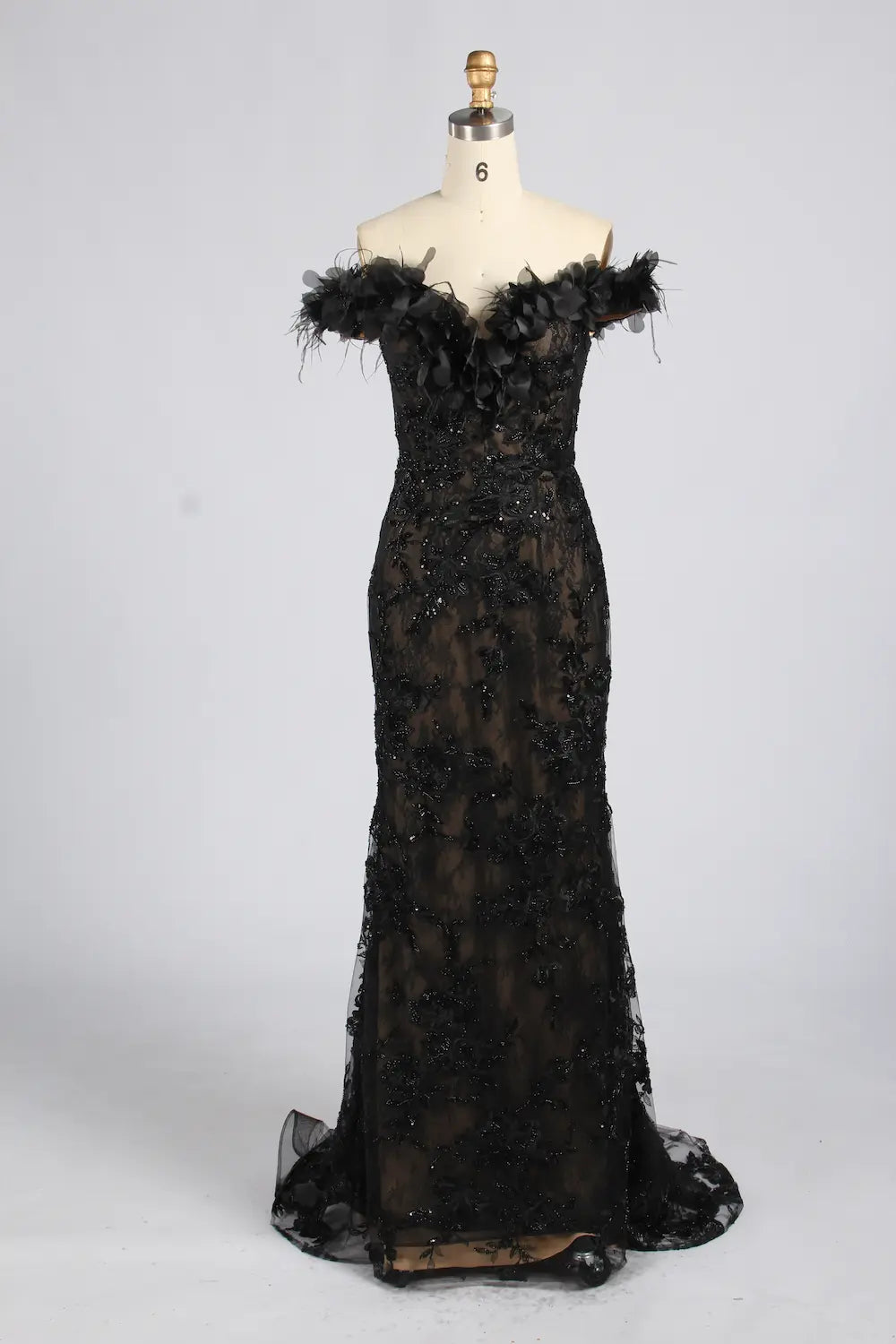 Champagne Off-the-Shoulder Feather Trim Floral Lace Mermaid MOB Dress KY078