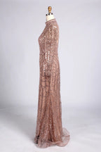 Blush Pink High-Neck Scalloped Sequin Long Sleeve Mother of the Bride Dress MC177