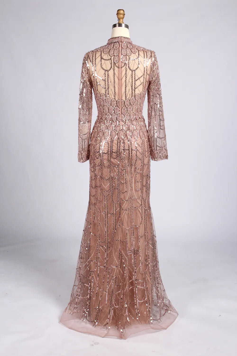 Blush Pink High-Neck Scalloped Sequin Long Sleeve Mother of the Bride Dress MC177