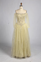 Yellow Off-the-Shoulder Long Sleeve Beaded A-Line Mother of the Bride Dress KY080