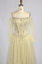 Yellow Off-the-Shoulder Long Sleeve Beaded A-Line Mother of the Bride Dress KY080