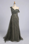 Grey One-Shoulder Beaded Evening Dress with Side Drape| MC178