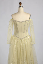 Yellow Off-the-Shoulder Long Sleeve Beaded A-Line Mother of the Bride Dress KY080