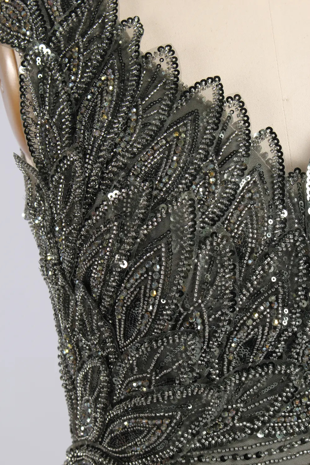 Grey One-Shoulder Beaded Evening Dress with Side Drape| MC178