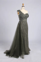 Grey One-Shoulder Beaded Evening Dress with Side Drape| MC178