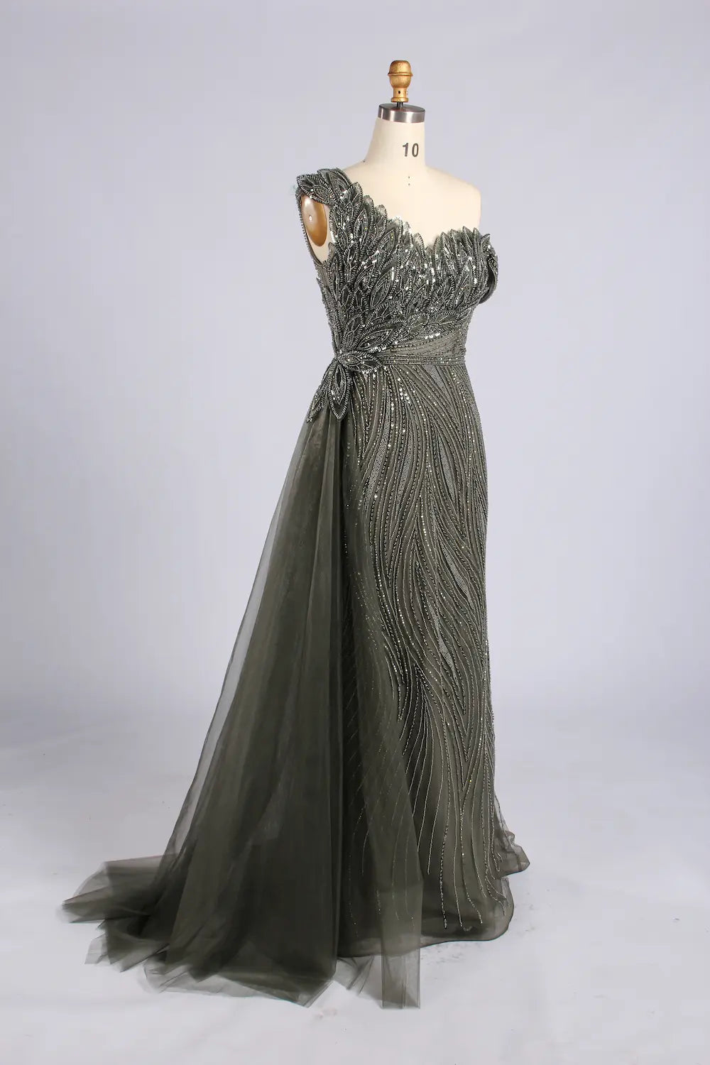 Grey One-Shoulder Beaded Evening Dress with Side Drape| MC178