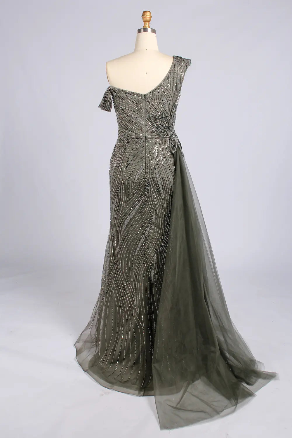 Grey One-Shoulder Beaded Evening Dress with Side Drape| MC178