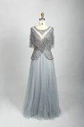 Beaded V-Neck A-Line Mother of the Bride Dress with Short Sleeves MC079B