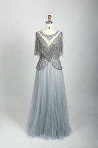 Beaded V-Neck A-Line Mother of the Bride Dress with Short Sleeves MC079B