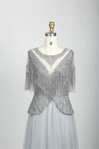 Beaded V-Neck A-Line Mother of the Bride Dress with Short Sleeves MC079B