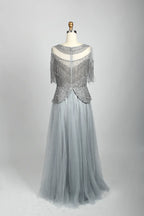 Beaded V-Neck A-Line Mother of the Bride Dress with Short Sleeves MC079B