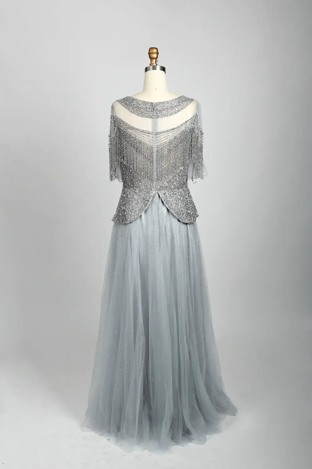 Beaded V-Neck A-Line Mother of the Bride Dress with Short Sleeves MC079B