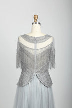 Beaded V-Neck A-Line Mother of the Bride Dress with Short Sleeves MC079B
