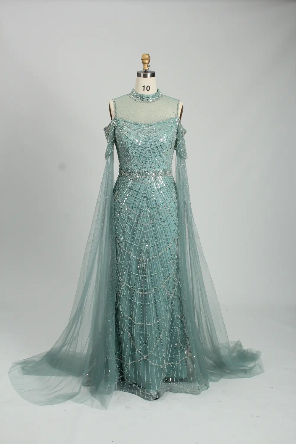 Light Blue Beaded Mother of the Bride Dress with Sheer Cape MC108