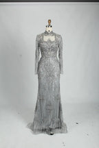 Champagne High Neck Beaded Long Sleeve MOB Dress MK114