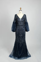 Navy sequin mermaid evening gown with V-neck and long puff sleeves