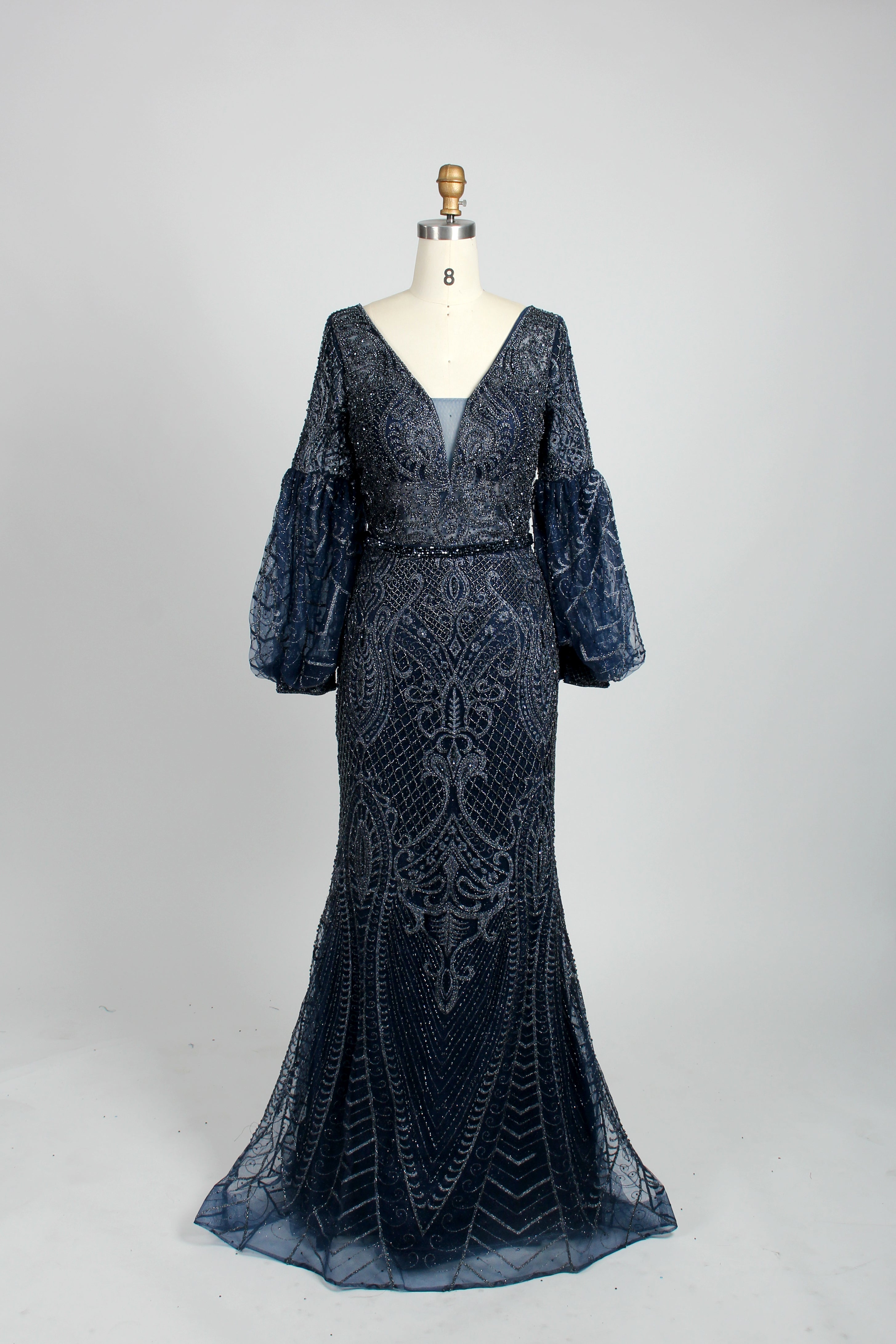 Navy sequin mermaid evening gown with V-neck and long puff sleeves