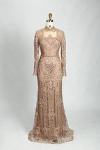 Champagne High Neck Beaded Long Sleeve MOB Dress MK114
