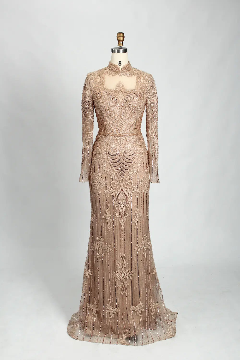 Champagne High Neck Beaded Long Sleeve MOB Dress MK114