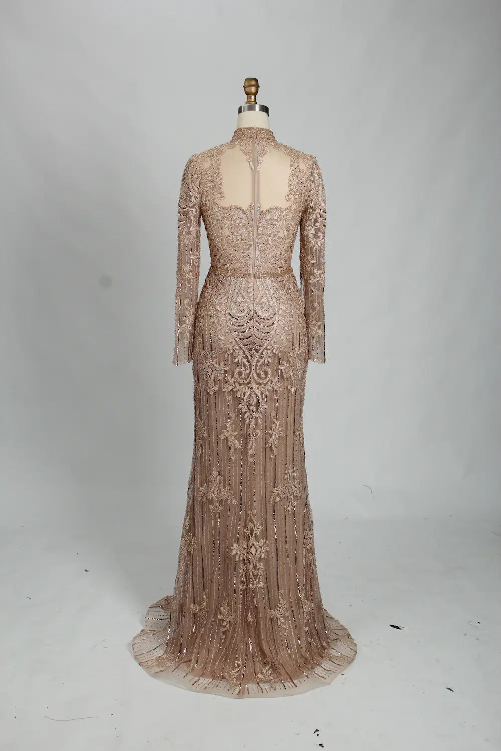 Champagne High Neck Beaded Long Sleeve MOB Dress MK114