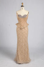 Olive Green Spaghetti Strap Crystal Corset Peplum Mermaid Evening Dress KY082