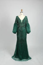 Beaded A-line cape gown in sage green with V-neck and elbow puff sleeves