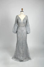 Beaded A-line cape gown in silver-gray with V-neck and long drapey sleeves