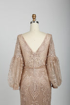 Beaded V-neck cape bodice in nude blush with intricate scrollwork pattern
