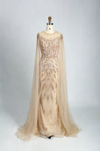 Champagne beaded tulle cape mermaid evening dress with long sleeves