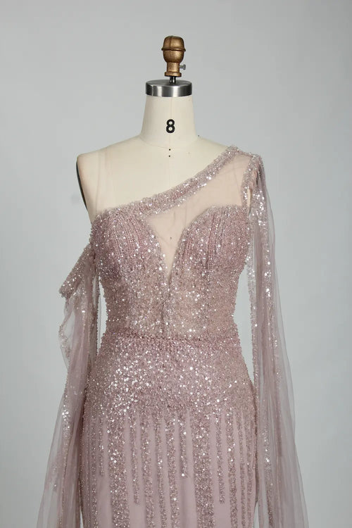 Blush Pink One Shoulder Sequin Mother of the Bride Dress MK108