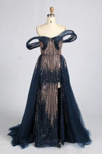 Navy Blue Off-the-Shoulder Beaded Sculpted Sleeve Sequin Overskirt MOB Dress KY083