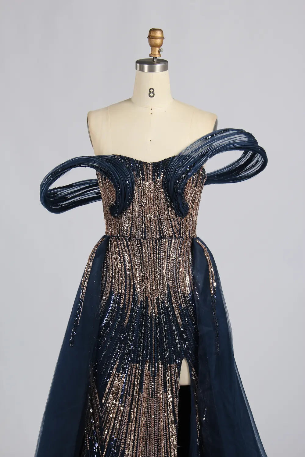 Navy Blue Off-the-Shoulder Beaded Sculpted Sleeve Sequin Overskirt MOB Dress KY083