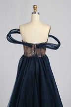 Navy Blue Off-the-Shoulder Beaded Sculpted Sleeve Sequin Overskirt MOB Dress KY083