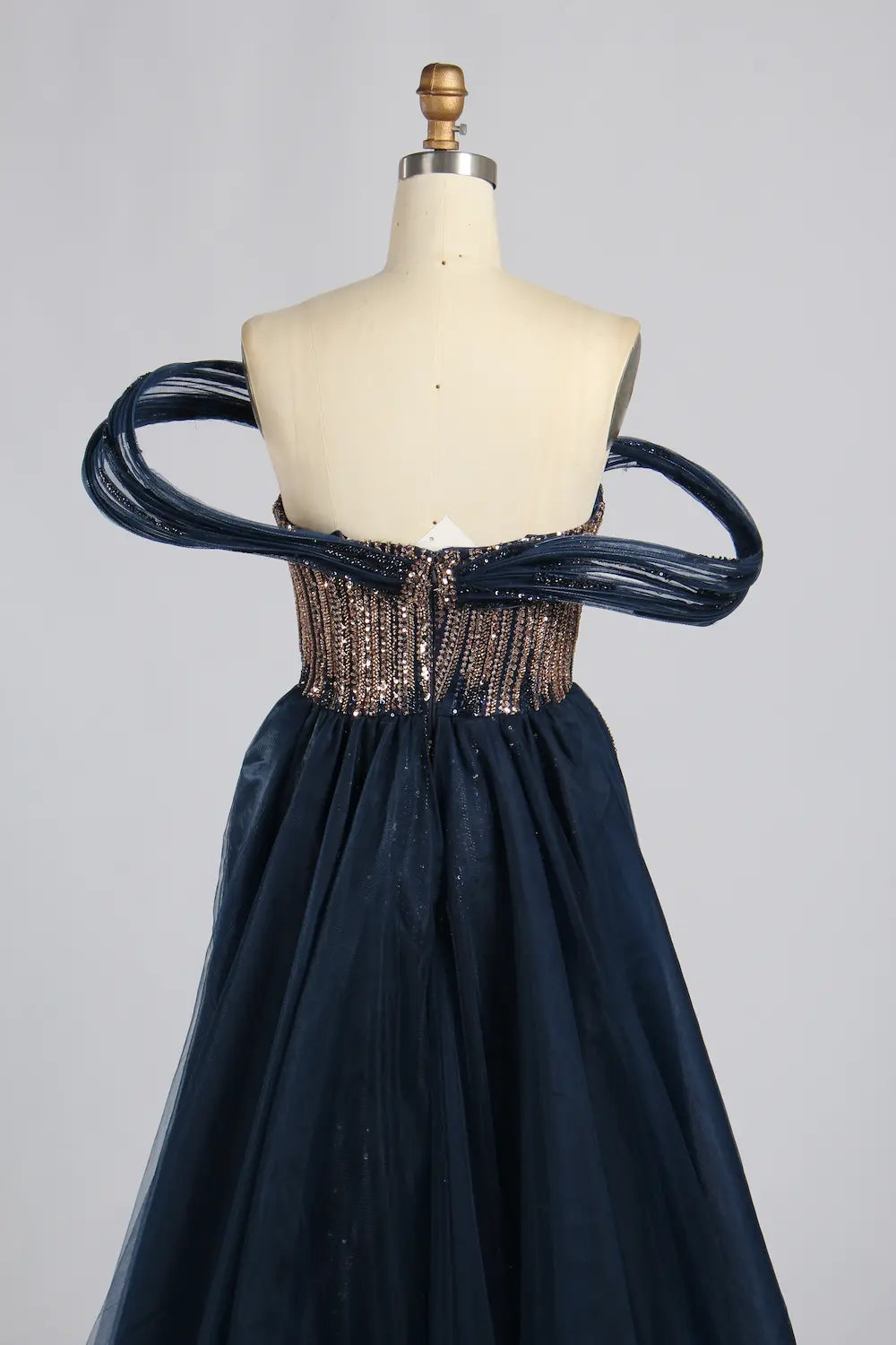 Navy Blue Off-the-Shoulder Beaded Sculpted Sleeve Sequin Overskirt MOB Dress KY083