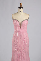 Blush Pink Strapless Crystal Beaded Back Bow Mermaid Mother of the Bride Dress KY081