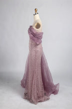 One Shoulder Beaded Dusty Mauve Mother of the Bride Dress with Side Train KY065