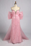 Blush Pink Strapless Crystal Beaded Back Bow Mermaid Mother of the Bride Dress KY081
