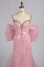 Blush Pink Strapless Crystal Beaded Back Bow Mermaid Mother of the Bride Dress KY081