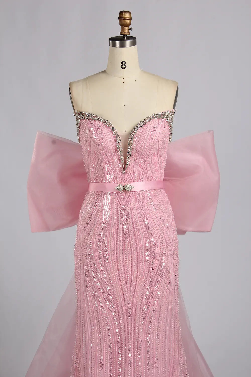 Blush Pink Strapless Crystal Beaded Back Bow Mermaid Mother of the Bride Dress KY081