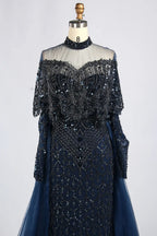Navy Blue High-Neck Beaded Long Sleeves Mother of the Bride Dress KY084