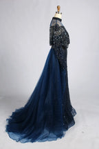 Navy Blue High-Neck Beaded Long Sleeves Mother of the Bride Dress KY084