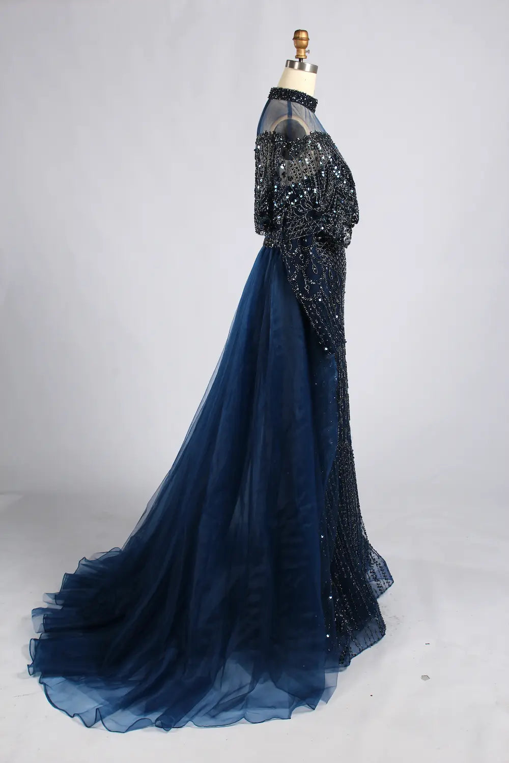 Navy Blue High-Neck Beaded Long Sleeves Mother of the Bride Dress KY084
