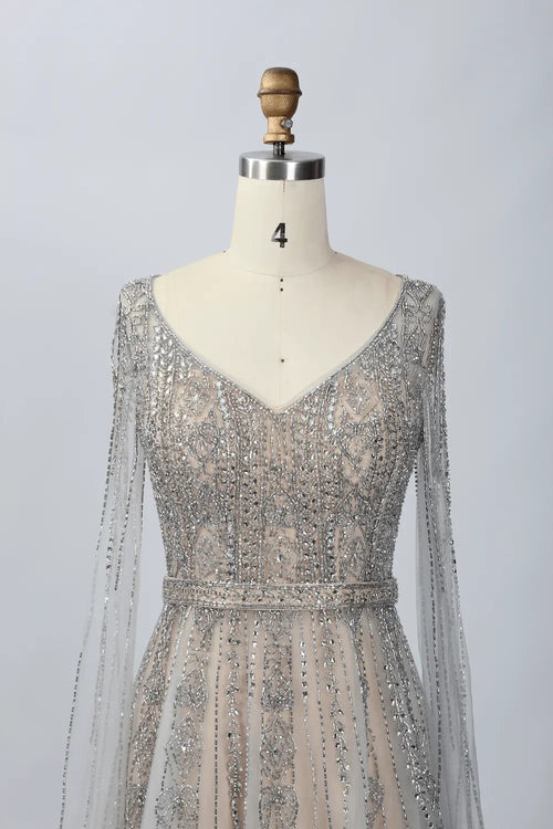 Silver A-line mother of the bride dress with lace V-neck bodice, beaded waist, long sleeves