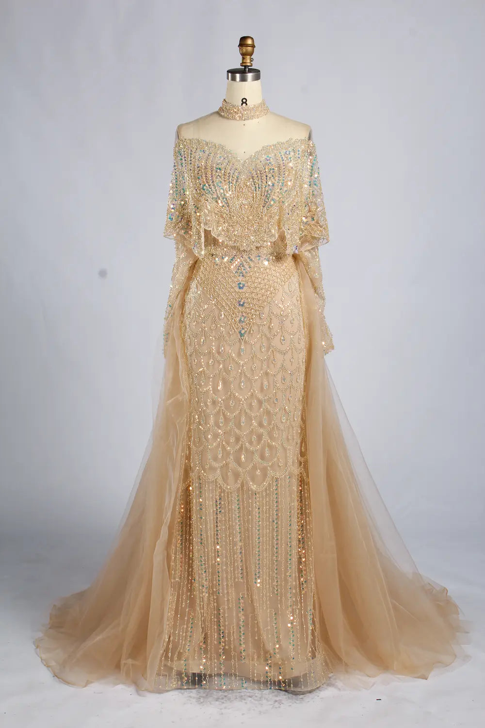 Navy Blue High-Neck Beaded Long Sleeves Mother of the Bride Dress KY084