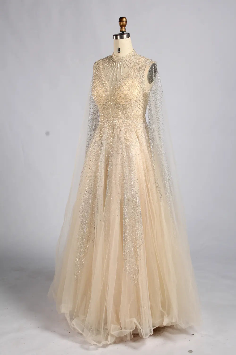 Elegant Champagne Beaded Long Sleeve A-Line Mother of the Bride Dress MK173