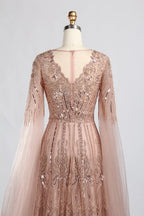 V-Neck Sequin Lace A-Line Draped Sleeves Mother of the Bride Dress KY058