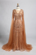 V-Neck Sequin Lace A-Line Draped Sleeves Mother of the Bride Dress KY058